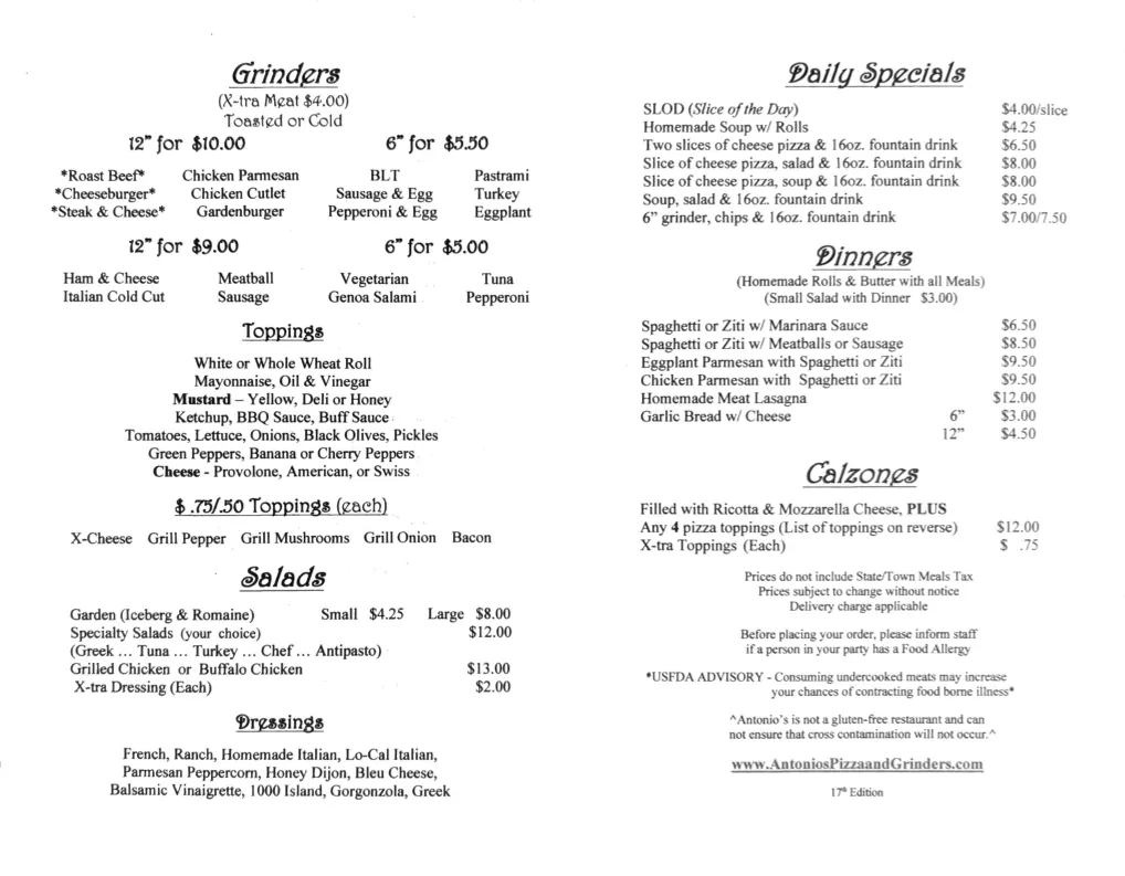 Menu_Antonio's II Pizza & Grinders_Bernardston, MA_image_old_1