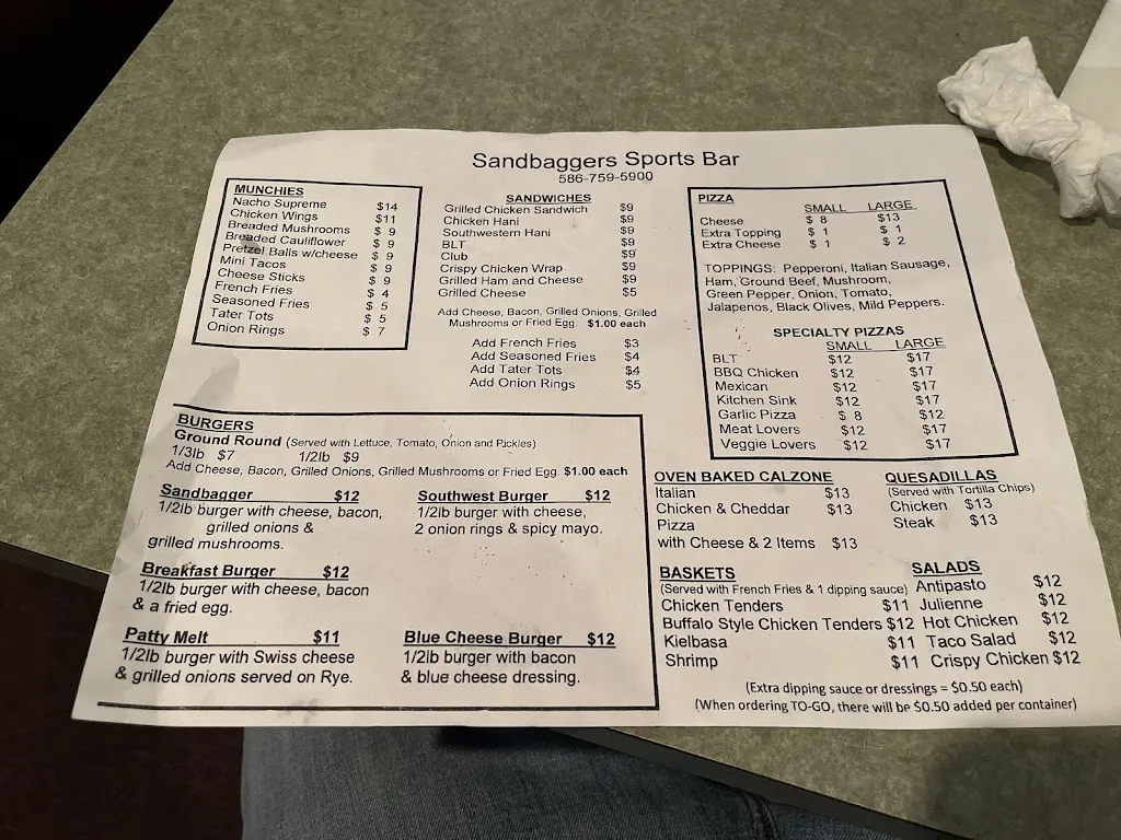 Menu_SandBaggers Sports Bar and Grill_Center Line, MI_image_old_2
