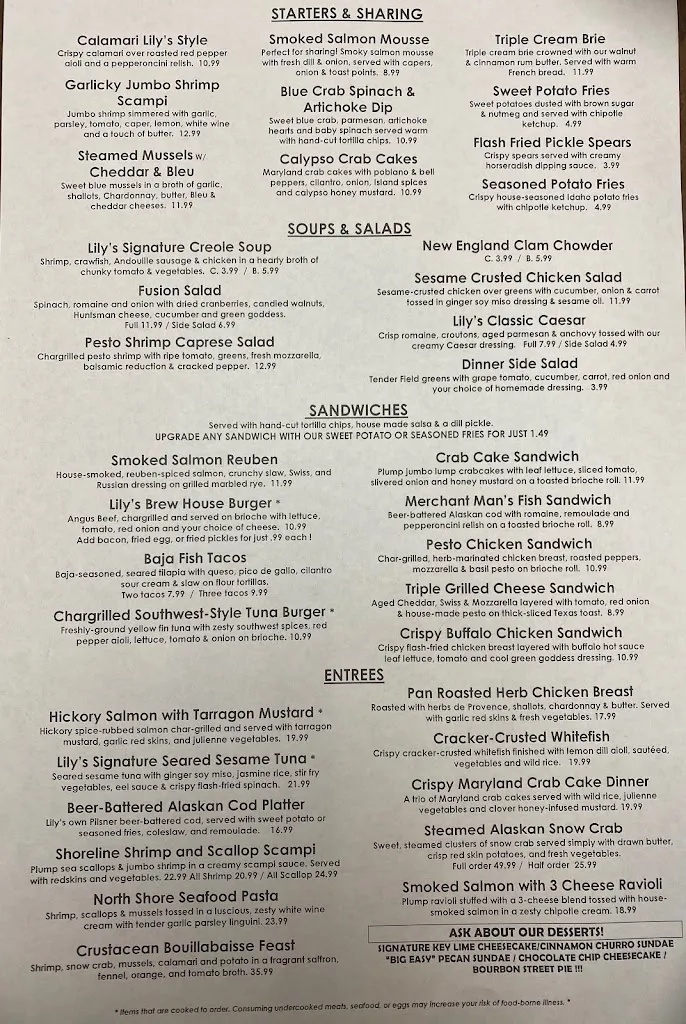 Menu_Lily's Seafood Grill & Brewery_Royal Oak, MI_image_old_2