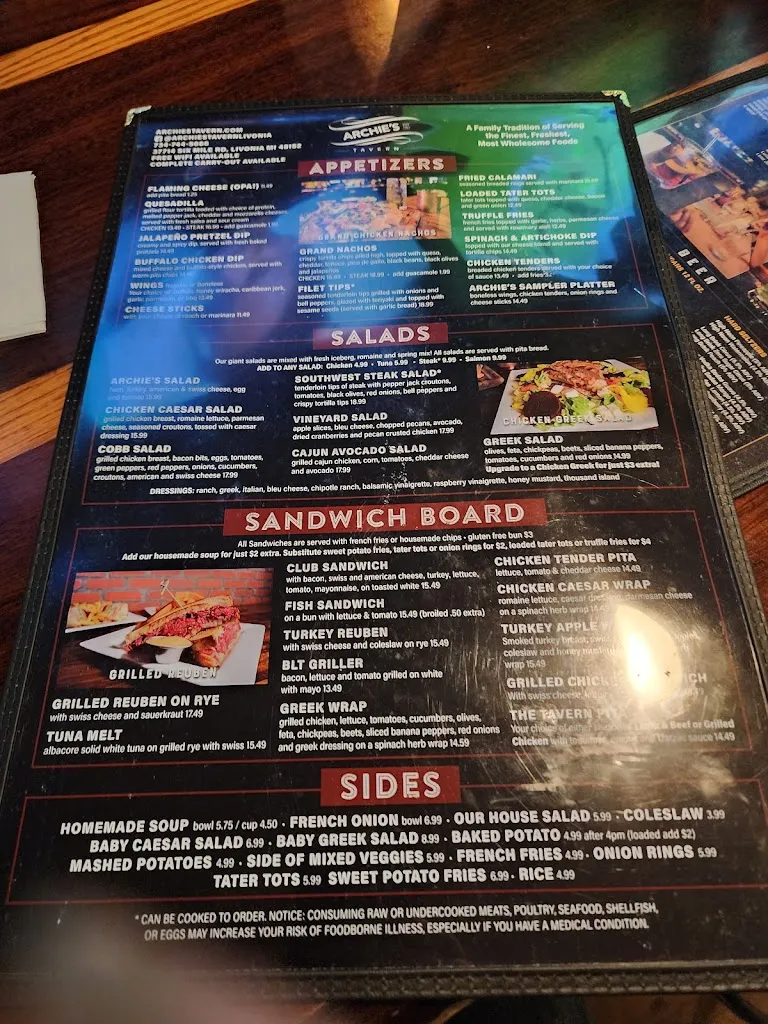 Menu_Archie's Tavern_Livonia, MI_image_old_1