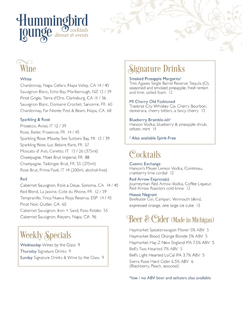 Menu_Hummingbird Lounge_New Buffalo, MI_image_old_1