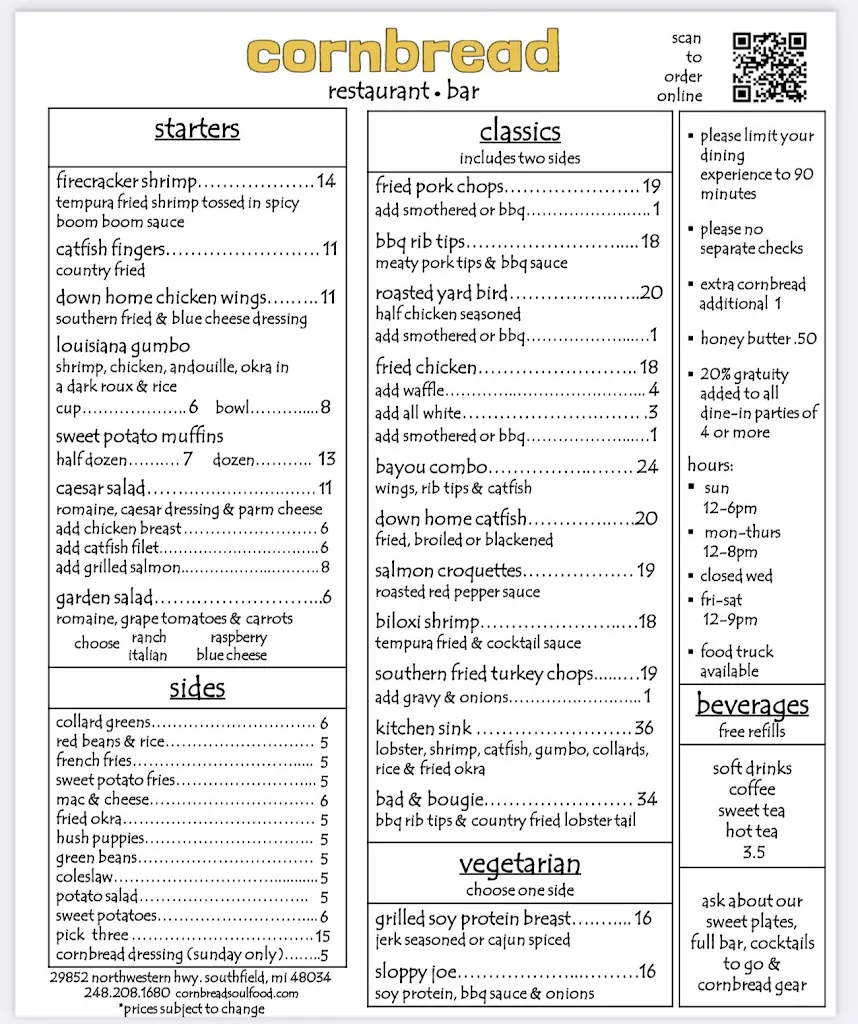 Menu_Cornbread Restaurant & Bar_Southfield, MI_image_old_2
