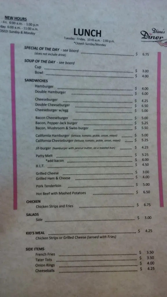 Menu_Diana's Diner_Albert Lea, MN_image_old_1