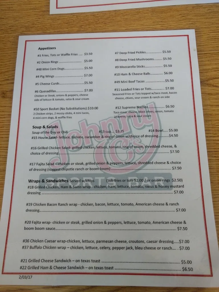 Menu_Johnny C's Sports Bar_Little Falls, MN_image_old_2