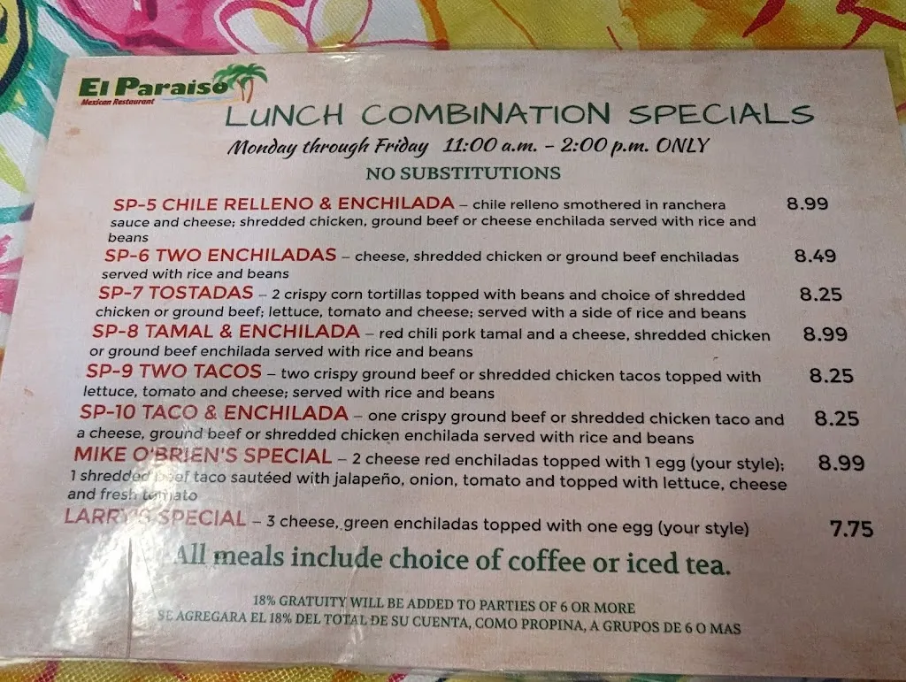 Menu_El Paraiso Mexican Restaurant_Ruidoso, NM_image_old_1