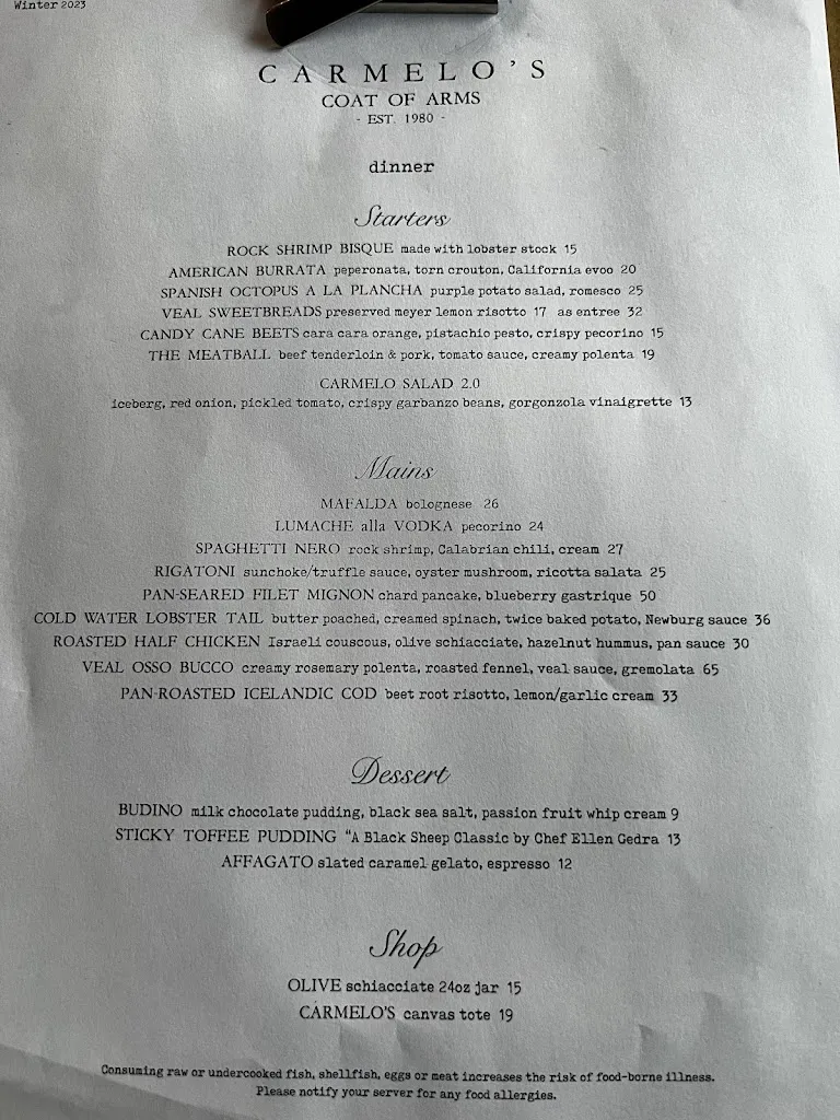 Menu_Carmelo's Coat of Arms_Lewiston, NY_image_old_1