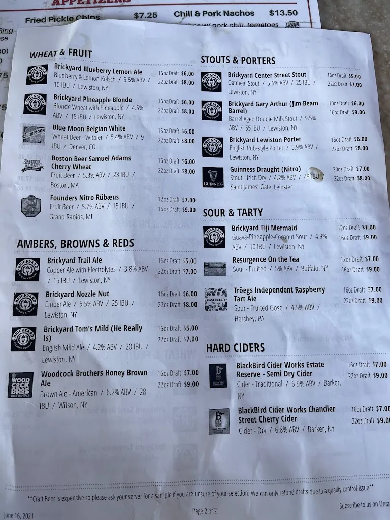 Menu_Brickyard Brewing Company_Lewiston, NY_image_old_1