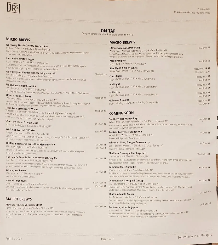 Menu_Junior's Bar & Grill_Troy, NY_image_old_1