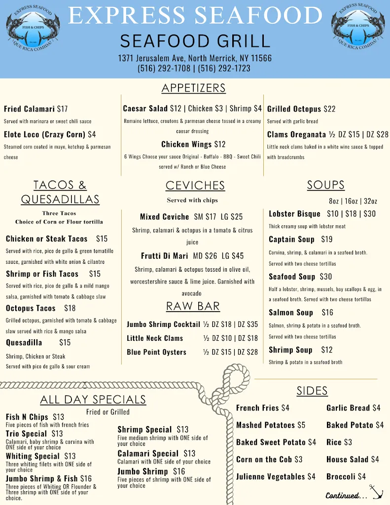 Menu_Express Seafood Que Rica Comida!_North Merrick, NY_image_old_1