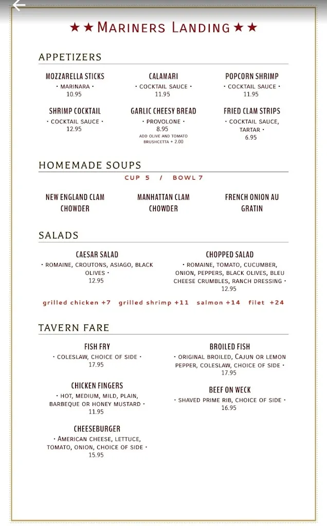 Menu_Mariner's Landing_Olcott, NY_image_old_2