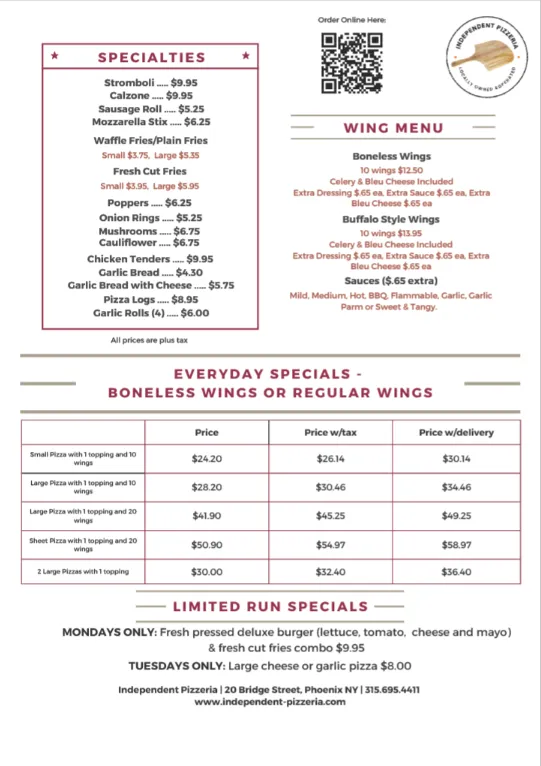 Menu_Independent Pizzeria Phoenix_Phoenix, NY_image_old_1