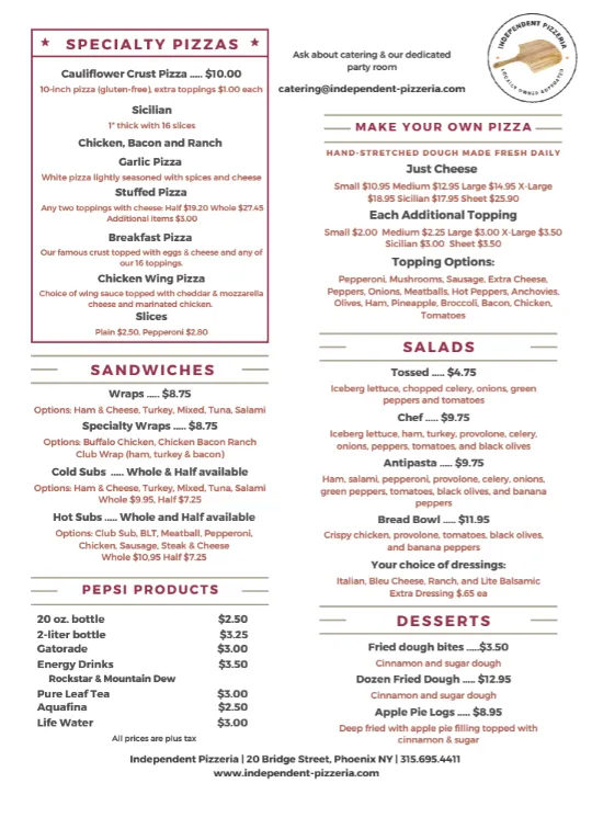 Menu_Independent Pizzeria Phoenix_Phoenix, NY_image_old_2
