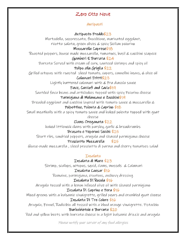 Menu_Zero Otto Nove Tuckahoe_Tuckahoe, NY_image_old_1