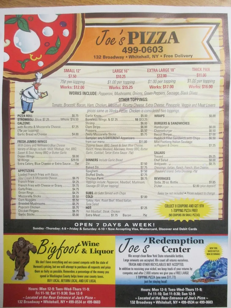 Menu_Joe's Pizza, Bigfoot Wine and Liquor_Whitehall, NY_image_old_1