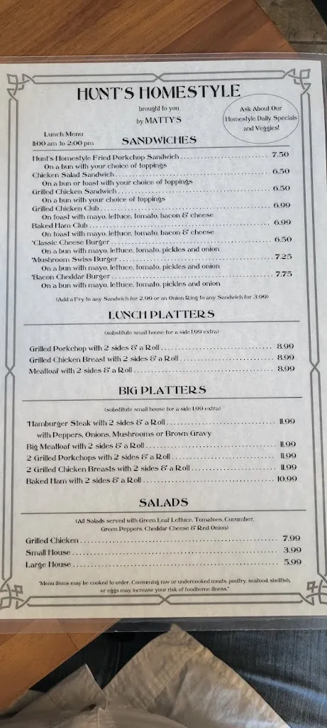 Menu_Hunt’s Homestyle_Elkin, NC_image_old_1