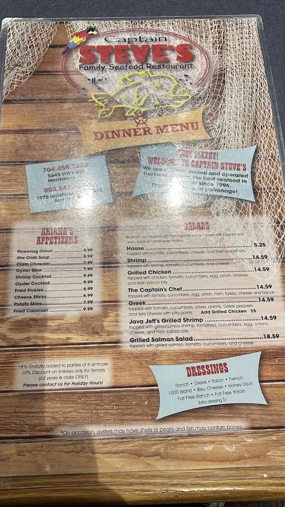 Menu_Captain Steve's Family Seafood Restaurant_Harrisburg, NC_image_old_1