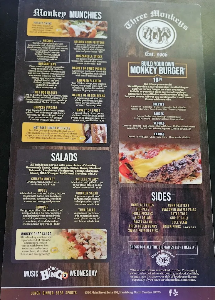 Menu_Three Monkeys Tavern and Grill_Harrisburg, NC_image_old_1
