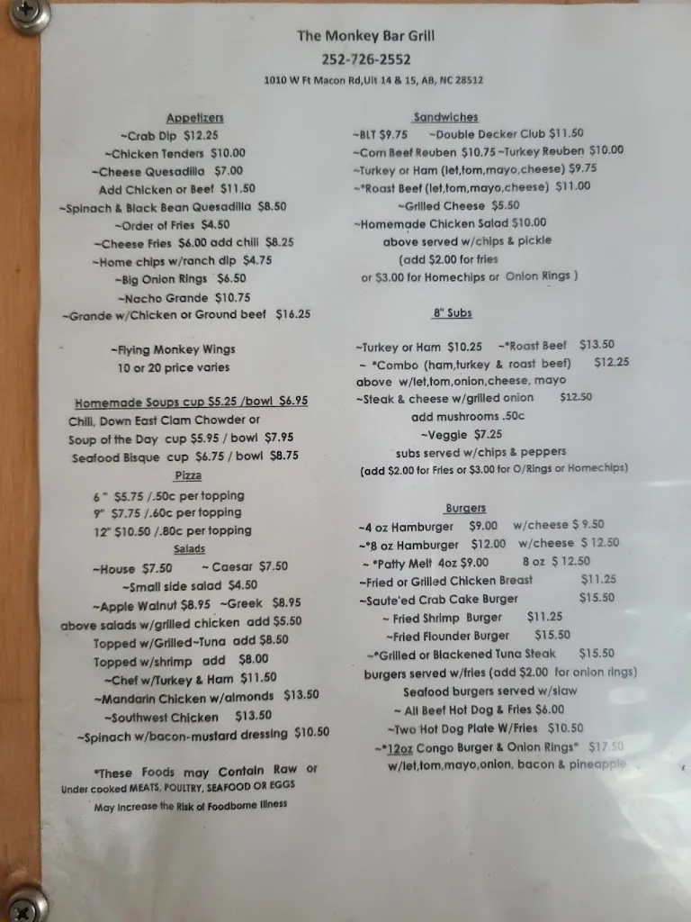 Menu_Monkey Bar & Grill_Atlantic Beach, NC_image_old_1