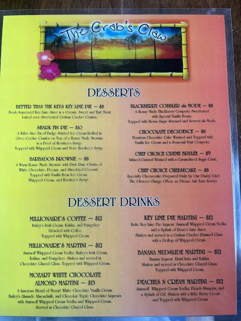 Menu_Crab's Claw Oceanfront Caribbean Seafood Restaurant_Atlantic Beach, NC_image_old_1