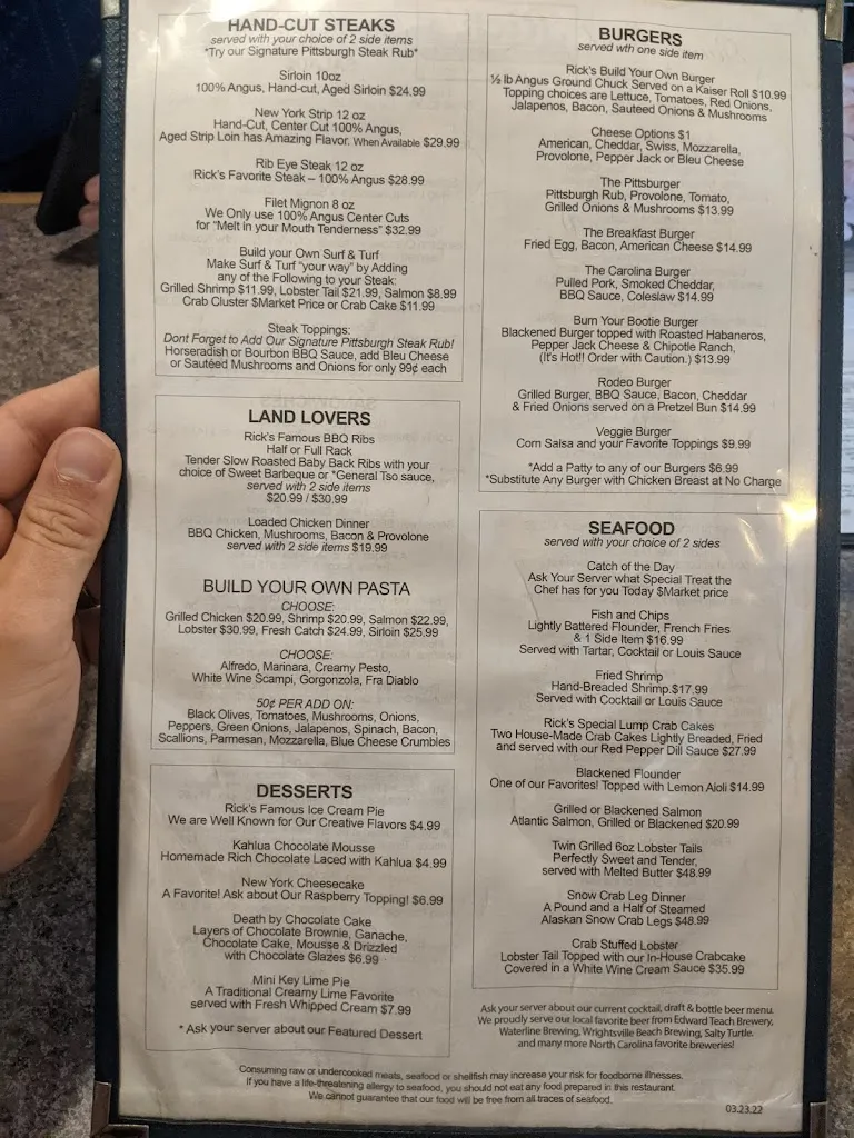 Menu_Rick's Restaurant & Sports Bar_Sneads Ferry, NC_image_old_2