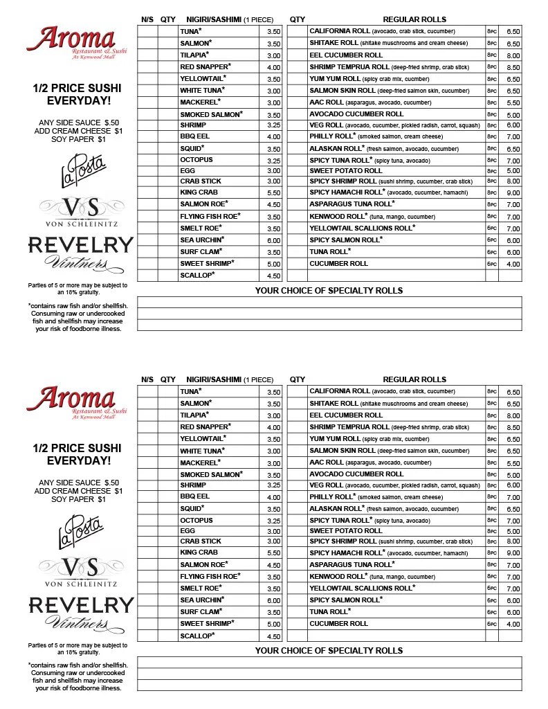 Menu_Aroma Restaurant and Sushi_Cincinnati, OH_image_old_1