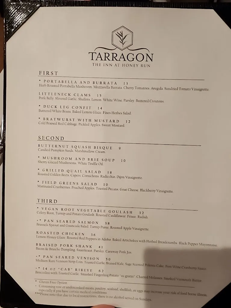 Menu_Tarragon at The Inn at Honey Run_Millersburg, OH_image_old_1