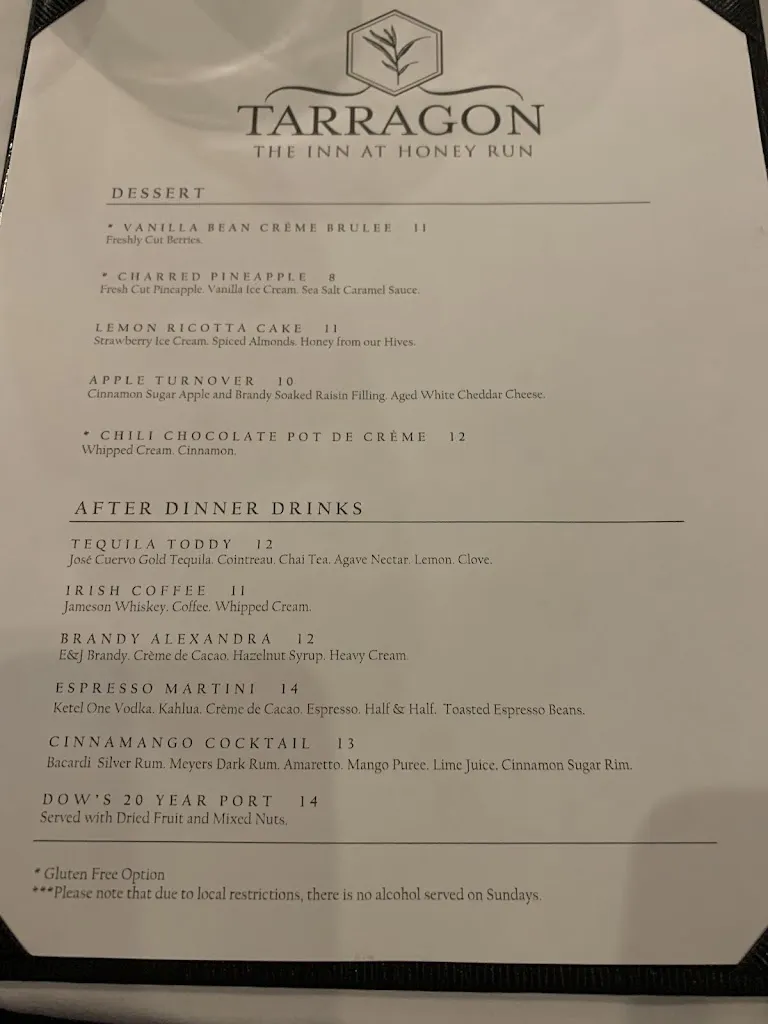 Menu_Tarragon at The Inn at Honey Run_Millersburg, OH_image_old_3