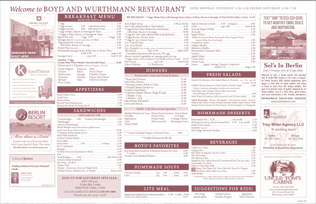 Menu_Boyd & Wurthmann Restaurant_Berlin, OH_image_old_1