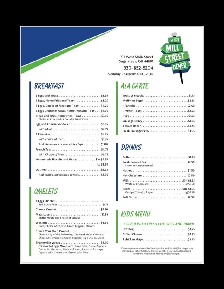 Menu_Mill Street Diner_Sugarcreek, OH_image_old_1