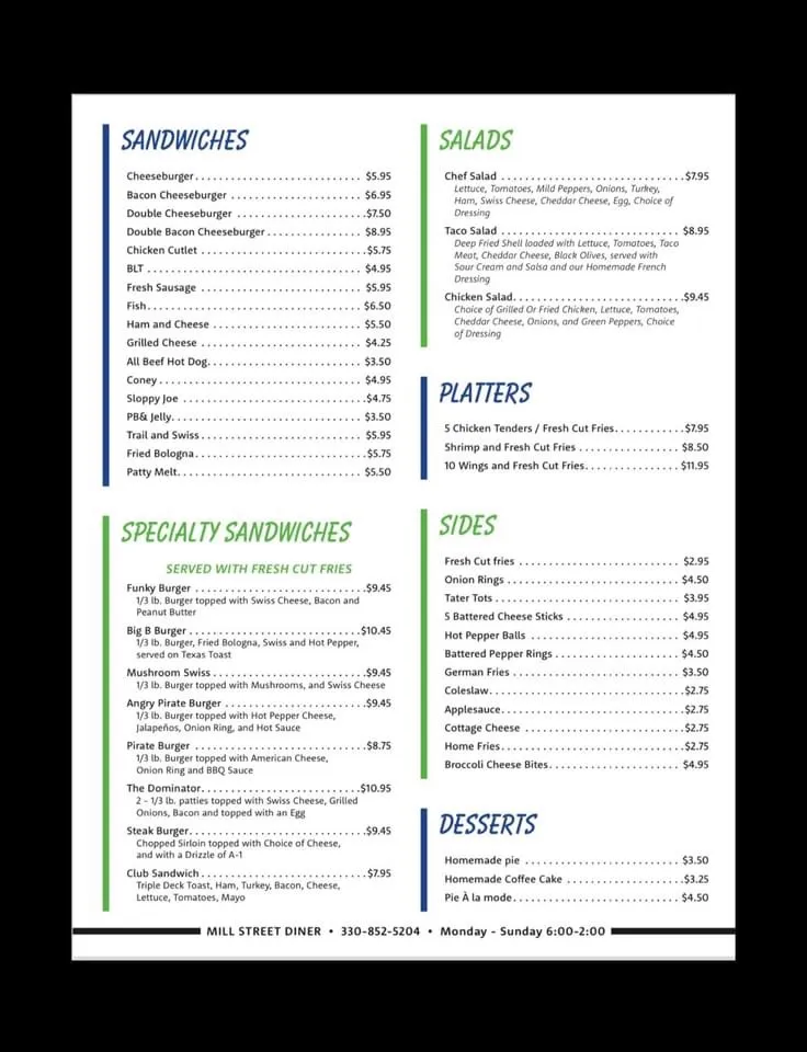 Menu_Mill Street Diner_Sugarcreek, OH_image_old_2