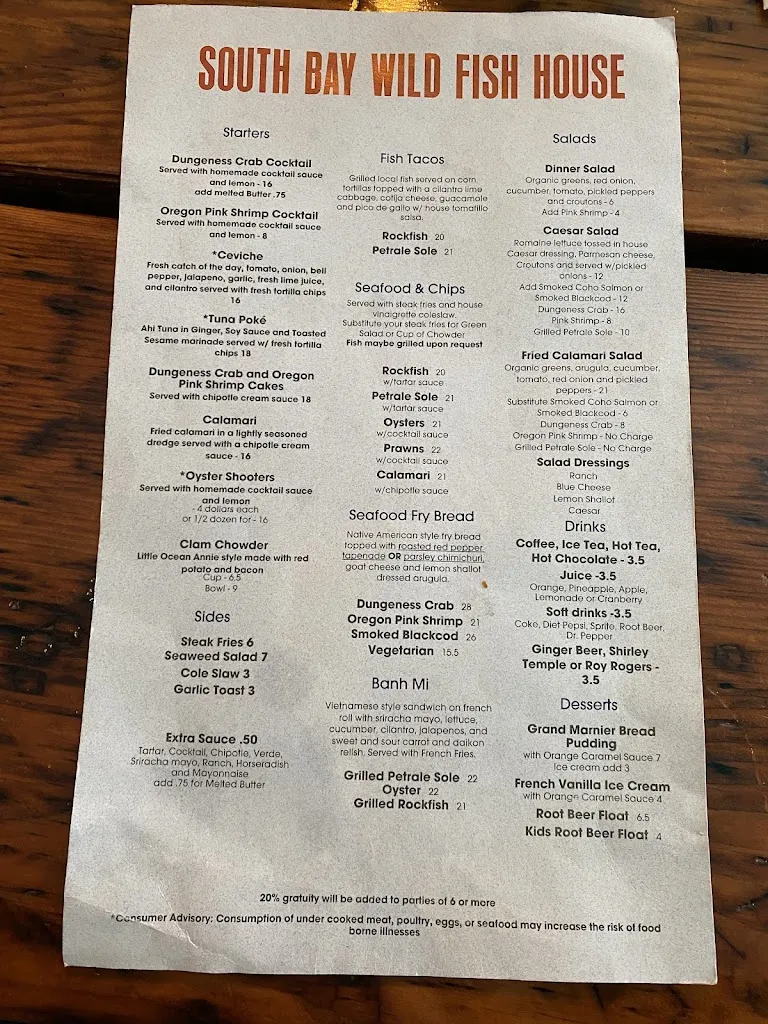 Menu_South Bay Wild Fish House_Astoria, OR_image_old_1