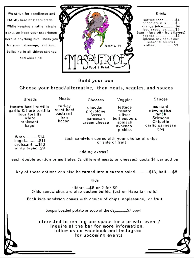 Menu_Masquerade food and drink_Astoria, OR_image_old_1