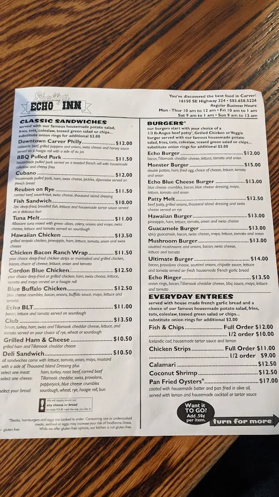 Menu_Shelly's Echo Inn_Damascus, OR_image_old_1