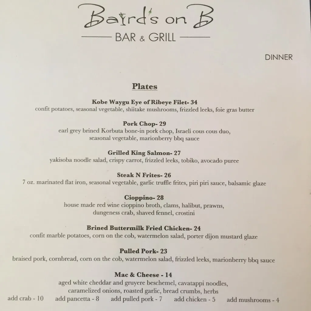 Menu_Baird's On B Bar & Grill_Lake Oswego, OR_image_old_1