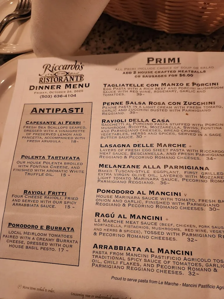Menu_Riccardo's Ristorante_Lake Oswego, OR_image_old_1