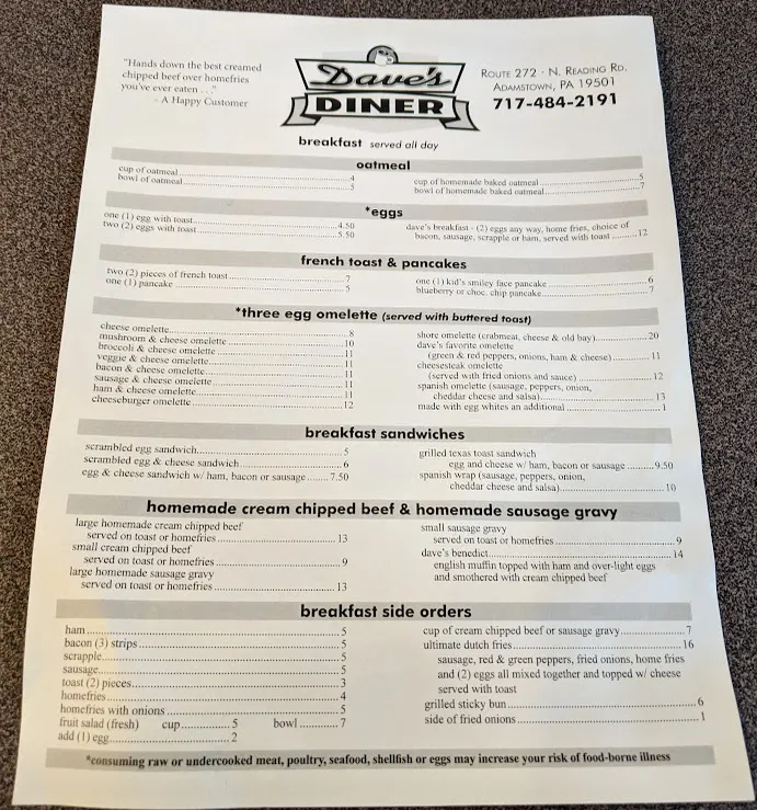 Menu_Dave's Diner_Adamstown, PA_image_old_1