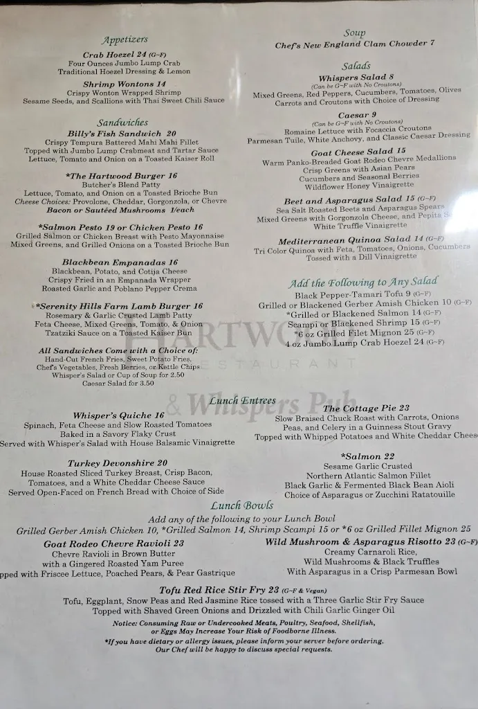 Menu_Hartwood Restaurant & Whispers Pub_Glenshaw, PA_image_old_1