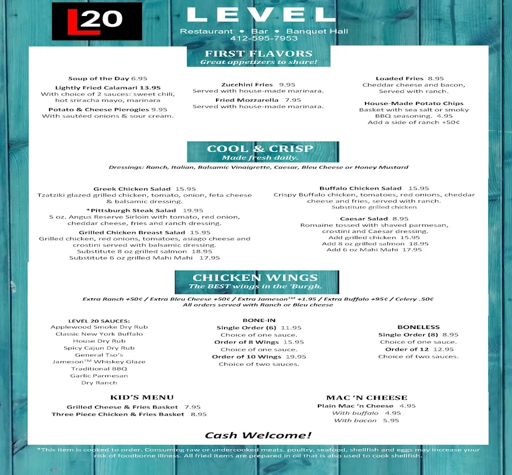 Menu_LEVEL 20 Restaurant, Bar, & Banquet_Bethel Park, PA_image_old_1