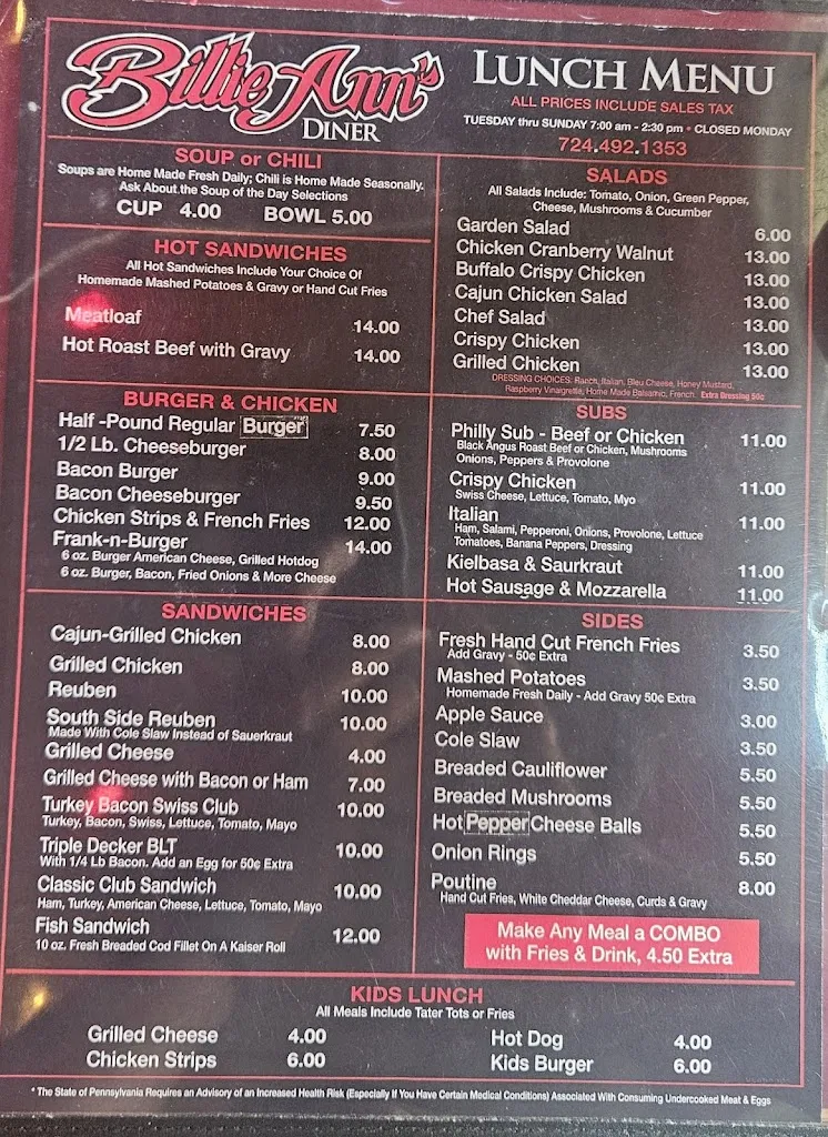 Menu_Billie Ann's Diner_Cecil, PA_image_old_2
