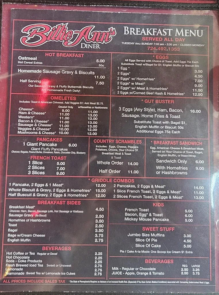 Menu_Billie Ann's Diner_Cecil, PA_image_old_3