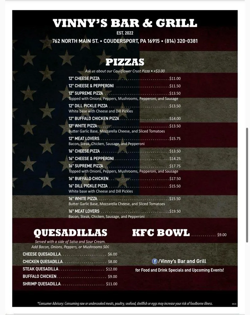Menu_Vinny's Bar and Grill_Coudersport, PA_image_old_1