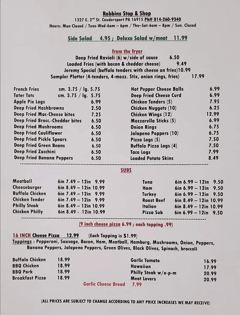 Menu_Robbin's Stop and Shop_Coudersport, PA_image_old_1