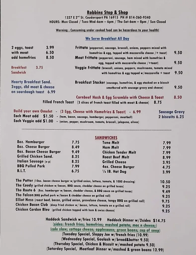 Menu_Robbin's Stop and Shop_Coudersport, PA_image_old_2