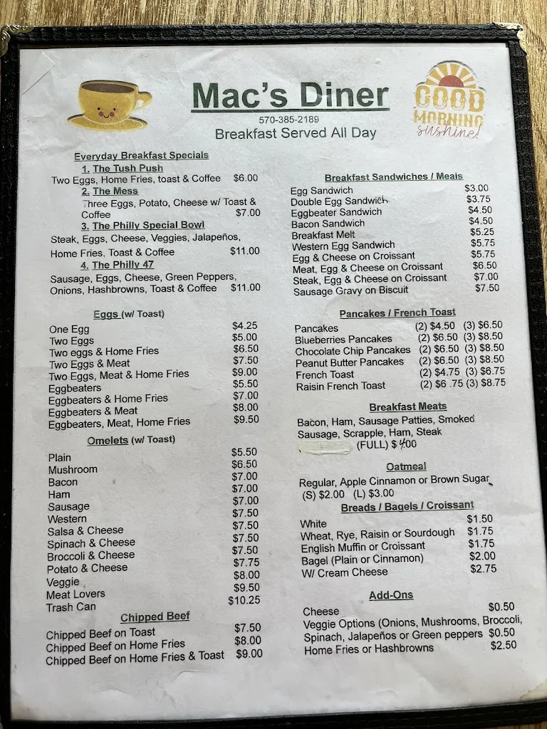 Menu_Mac's Diner_Schuylkill Haven, PA_image_old_1