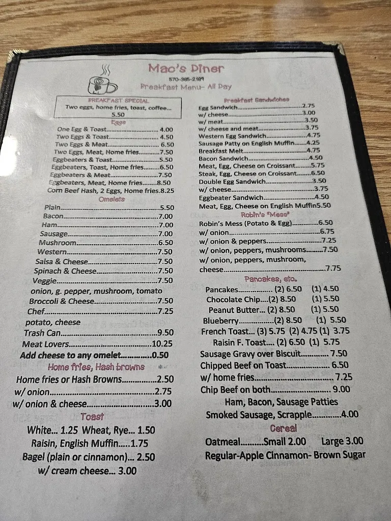 Menu_Mac's Diner_Schuylkill Haven, PA_image_old_2