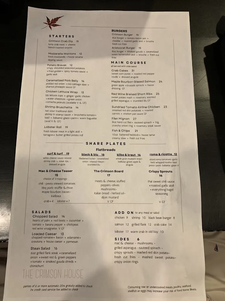 Menu_The Crimson House_Pottsville, PA_image_old_2