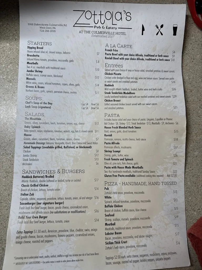 Menu_Zottola's Pub and Eatery_Tarentum, PA_image_old_1