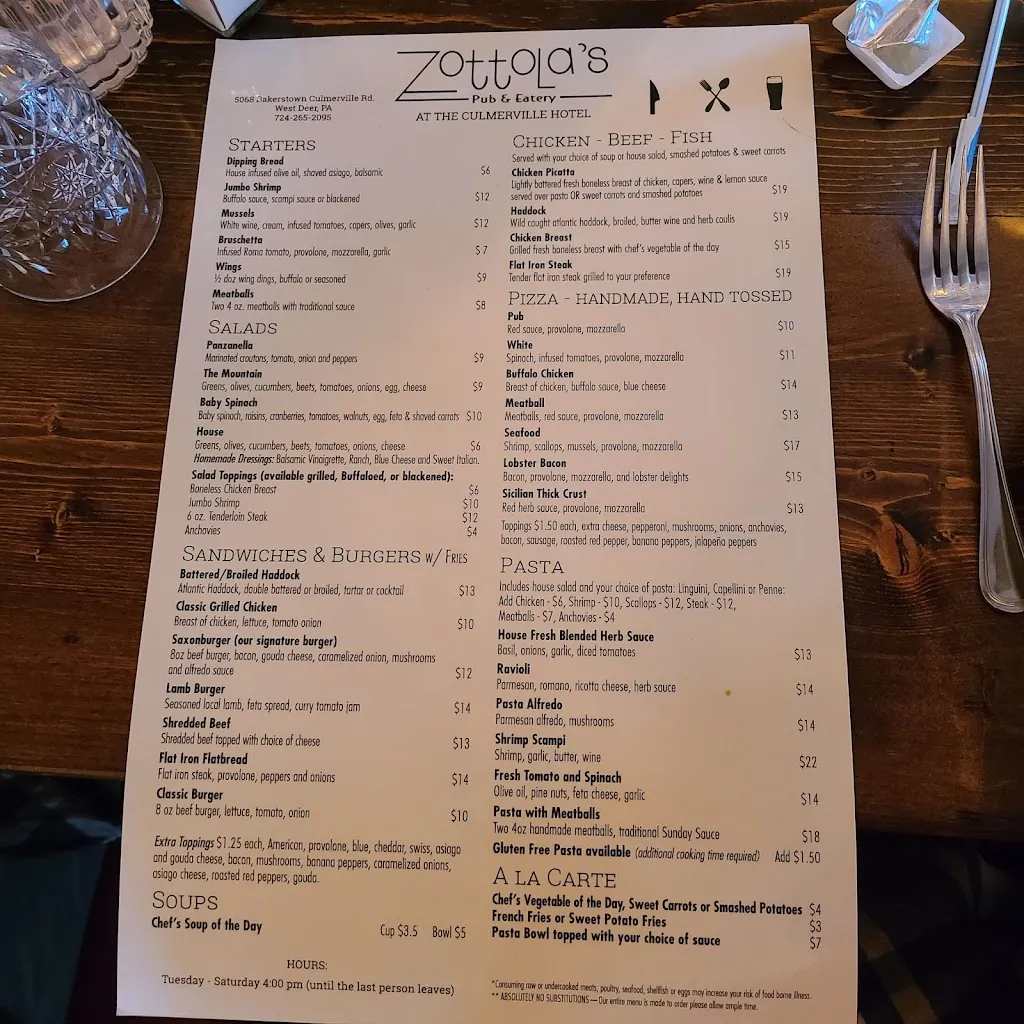 Menu_Zottola's Pub and Eatery_Tarentum, PA_image_old_2