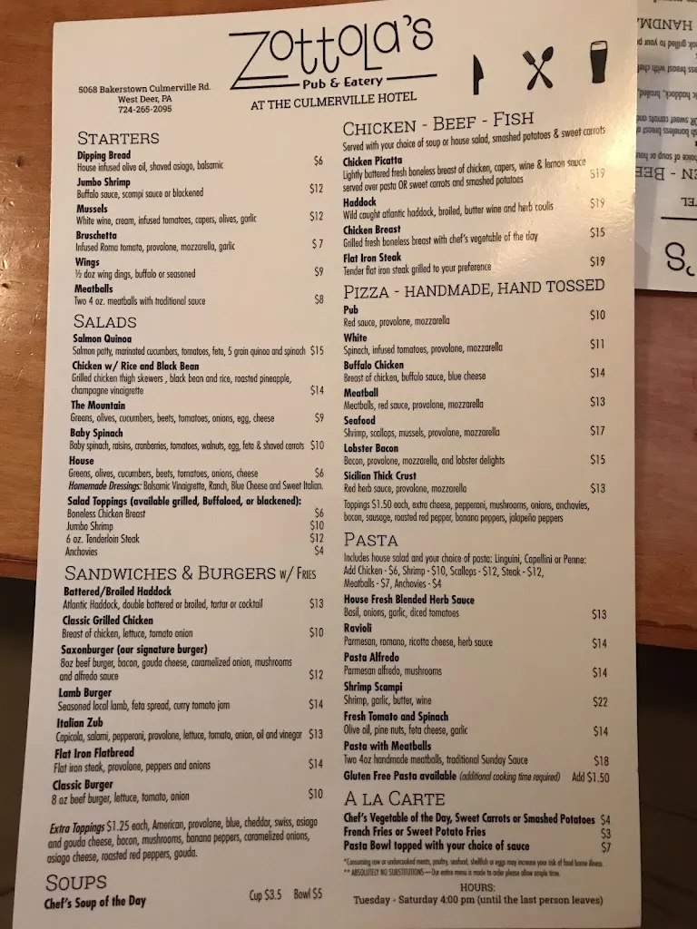 Menu_Zottola's Pub and Eatery_Tarentum, PA_image_old_3