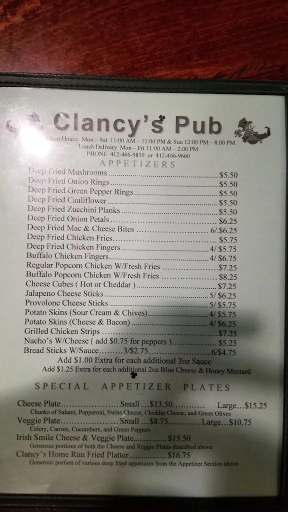 Menu_Clancy's Pub_Dravosburg, PA_image_old_1